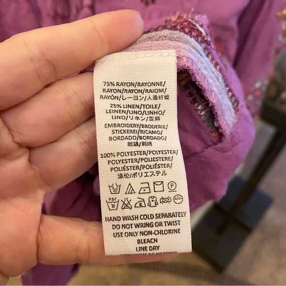 FREE PEOPLE Women Purple Multicolor Embroidery Linen Tassel Tunic Dress Size S/M - Picture 8 of 9